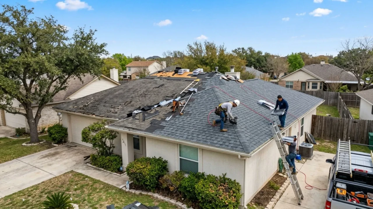 New roof installation on a San Antonio home replacing a 15-year-old damaged asphalt shingle roof