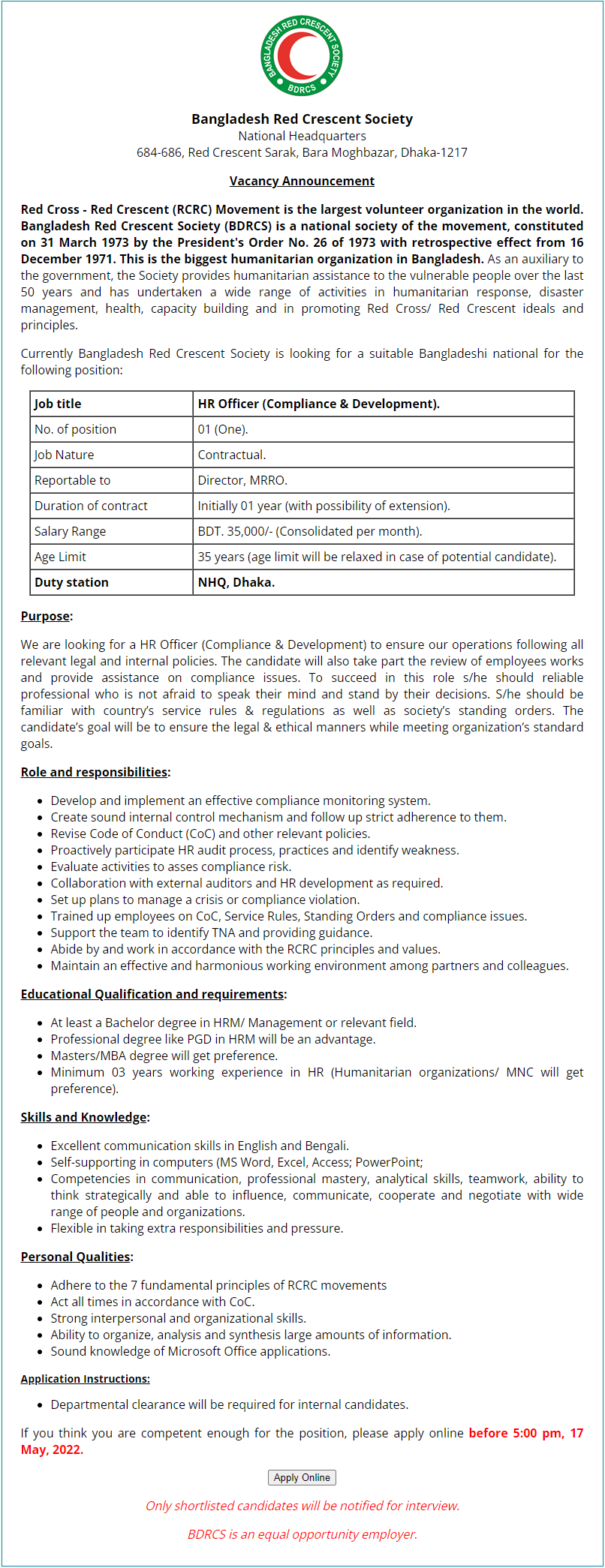 Red Crescent Society Job Circular 2022