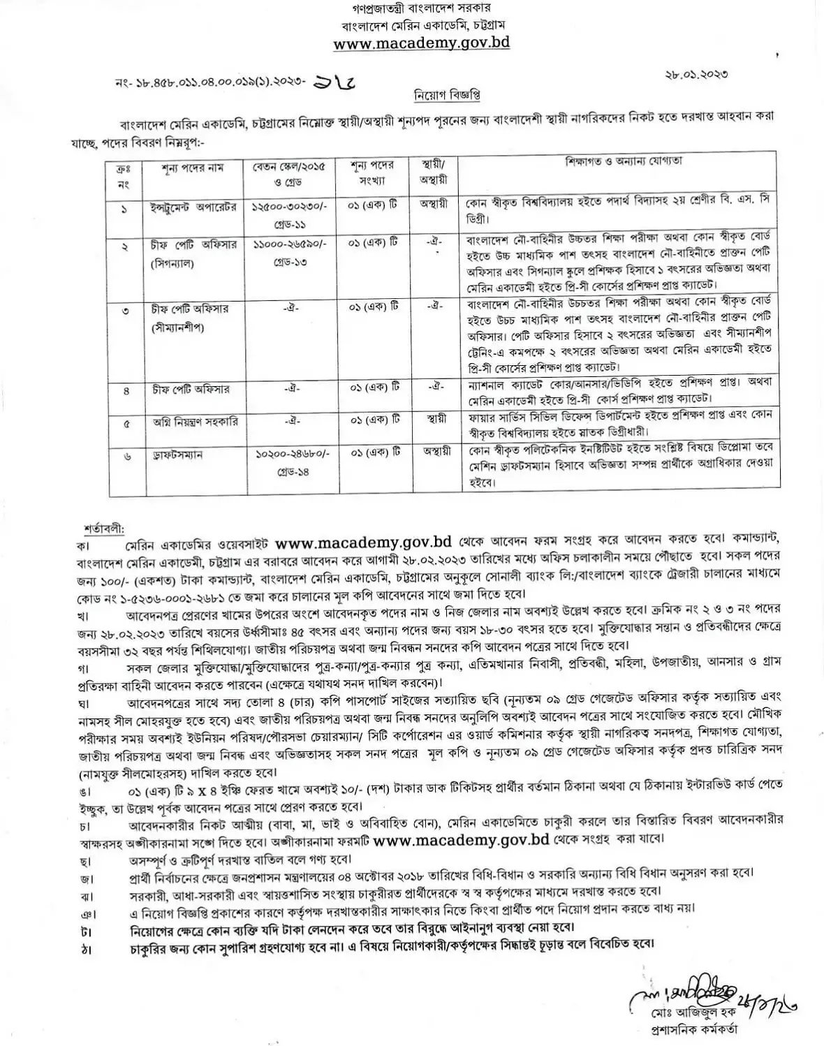 Bangladesh Marine Academy Job Circular 2023