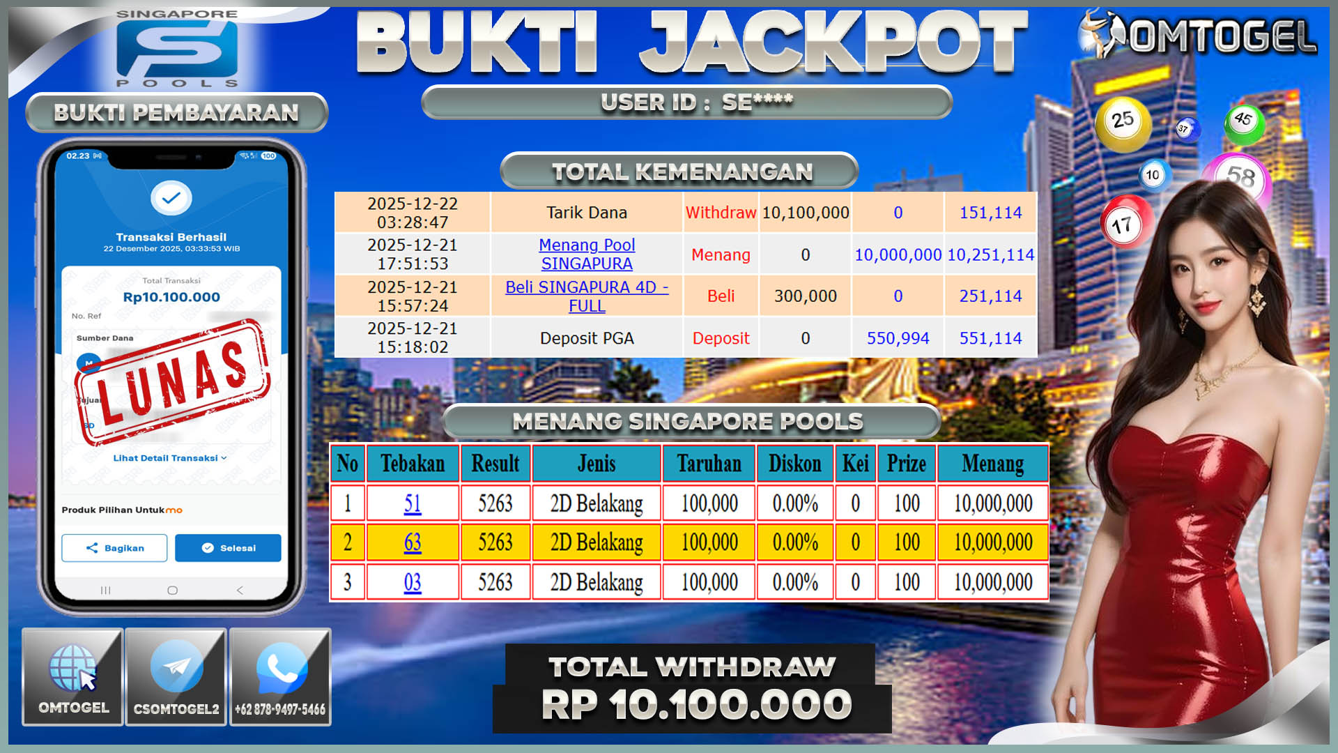 OMTOGEL JACKPOT TOGEL SINGAPORE WIN 2D ,10 JUTA DI BAYAR LUNAS ,-
