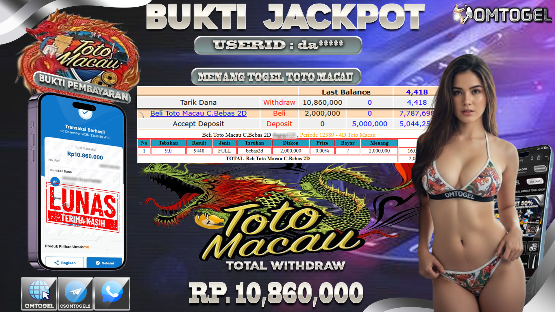 OMTOGEL JACKPOT TOGEL TOTOMACAU4D WIN ,2D ,10 JUTA DI BAYAR LUNAS ,-
