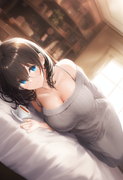 1girl, sagisawa fumika , artistcg, depth of field, shiny skin, blush,lying on th s-3567523296