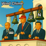 Putin, Trump, and Xi Jinping stand on a bell tower ringing three bells labeled: “the”, “U”, “N”.