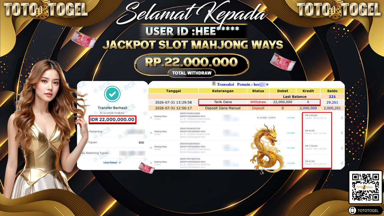 Bukti Pembayaran Jackpot SLOT MAHJONG WAYS ID:HEE**** LUNAS