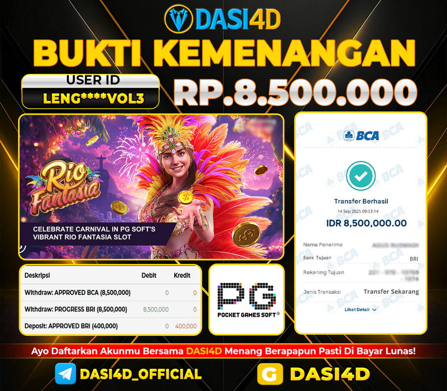 BUKTI KEMENANGAN 14 SEPTEMBER  2025 DI  RIO FANTASIA  RP 8.500.000