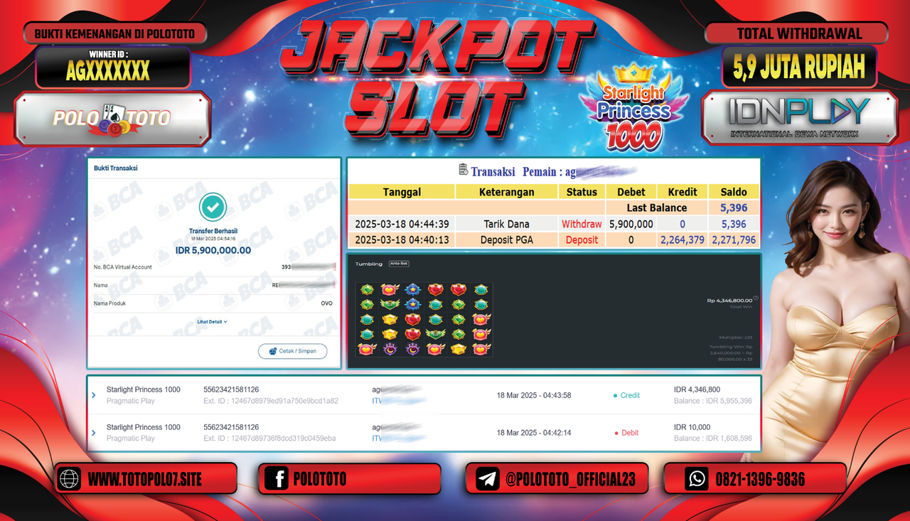 POLOTOTO JACKPOT SLOT STARLIGHT PRINCESS 1000 Rp.5.900.000,-