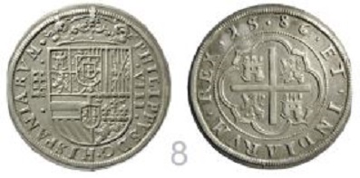 8 Reales tipo OMNIVM. FELIPE II. 1597 Real Ingenio de Segovia Primera-serie