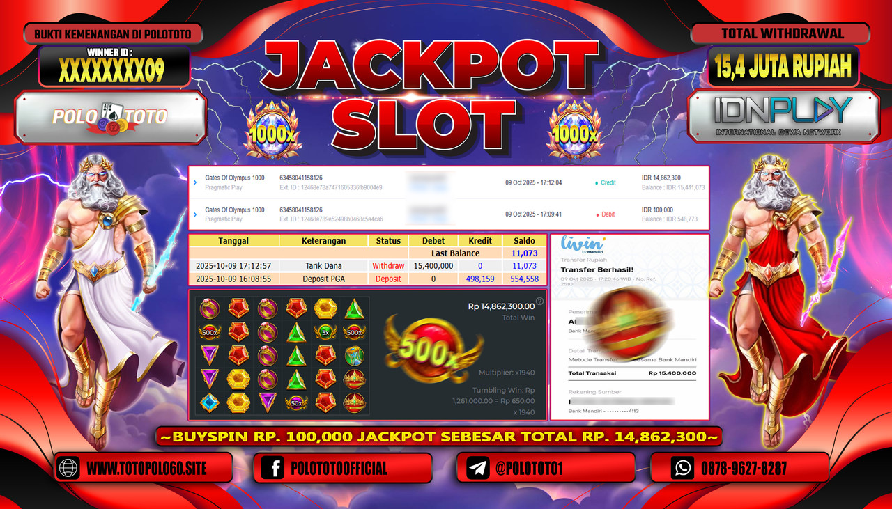 POLOTOTO JACKPOT SLOT GATES OF OLYMPUS 1000 Rp.15.400.000,- LUNAS