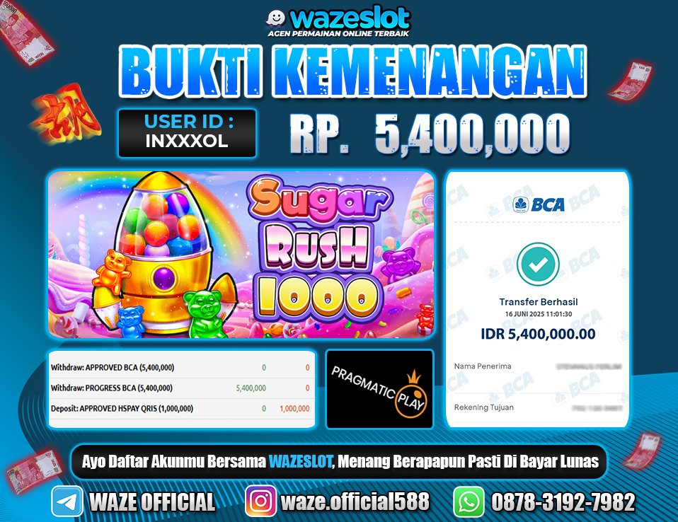 BUKTI KEMENANGAN 16 JUNI 2025 DI GAME SUGAR RUSH 1000