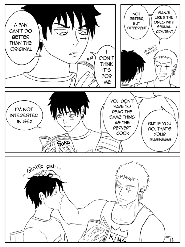 Page 2. Luffy is skeptical: he thinks no fan could write better than the original. Zoro replies that it's not better, just different, and adds that Sanji likes the ones with sexual content, which Luffy finds surprising since he's not interested in sex.