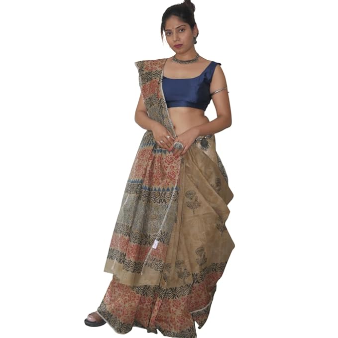 Hand Block Printed Akaroa Beige Saree with Blue and Red Floral Pattern