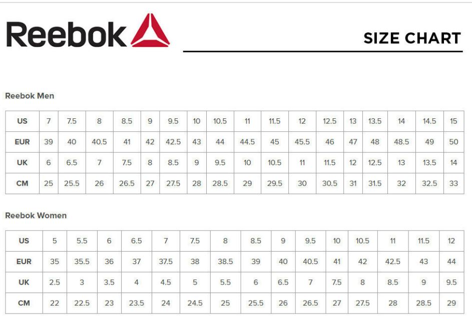 reebok women's size chart