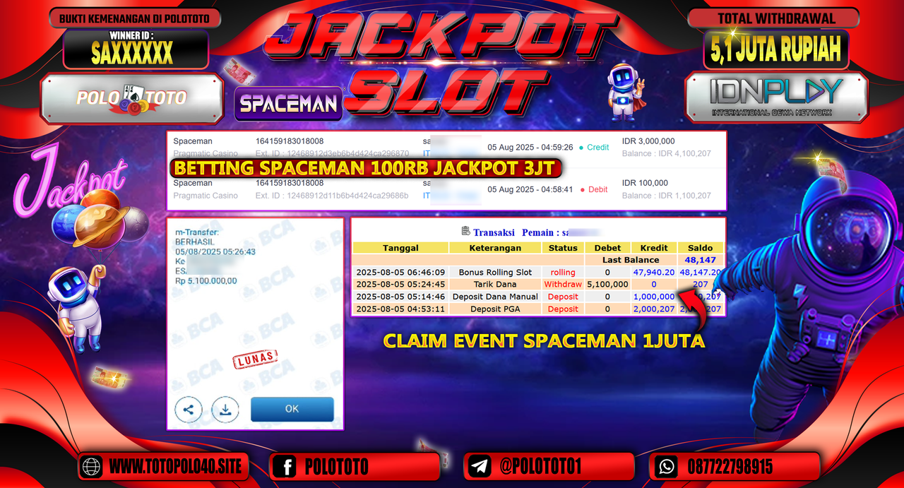 POLOTOTO JACKPOT SLOT SPACEMAN Rp.5.100.000,-LUNAS