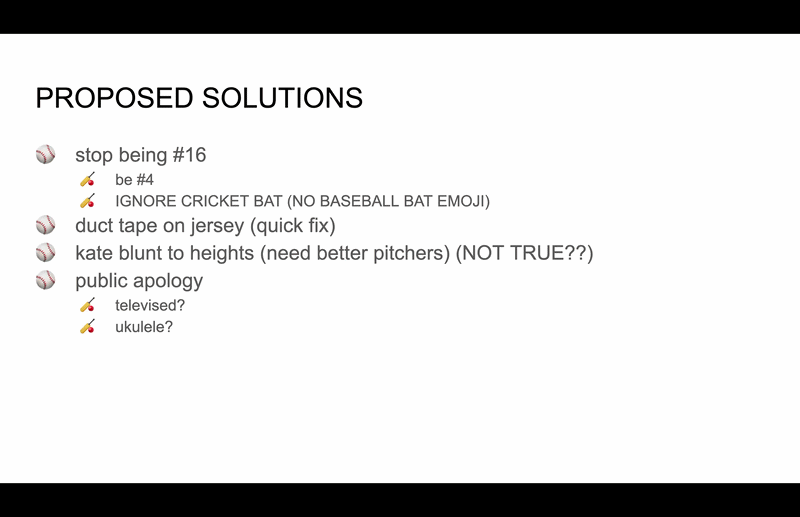 Four more bullet points on the same slide read 'inter-team bonding event', 'make out?', 'grill out?', and 'disneyworld?'. Grill out is followed by a string of hot dog, fire, fire truck, worried face, ambulance, hospital, and beer emojis.