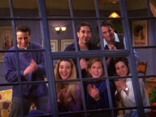 Jennifer Aniston, Courteney Cox, Lisa Kudrow, Matt LeBlanc, Matthew Perry, and David Schwimmer in Fr