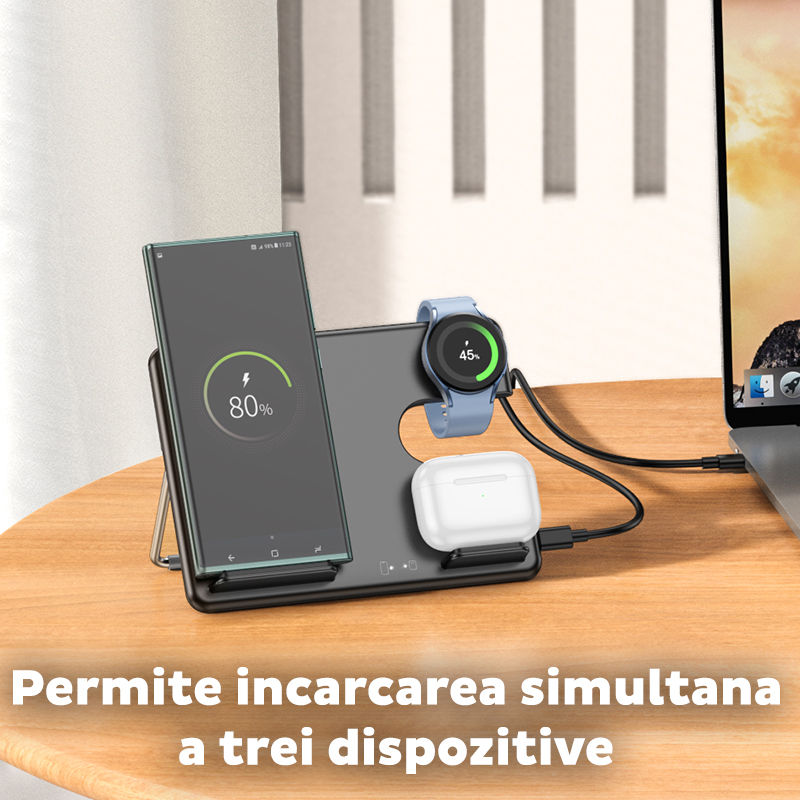 Statie de incarcare wireless 3 in 1 Hoco CQ2 pentru dispozitivele Samsung, 5V, 3A, Stativ incorporat, Negru 7 1