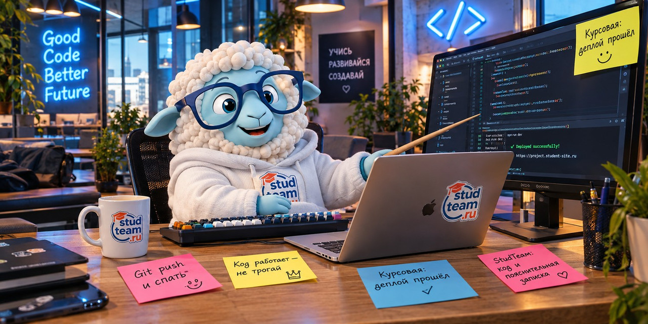 the sheep is sitting in a modern IT coworking space