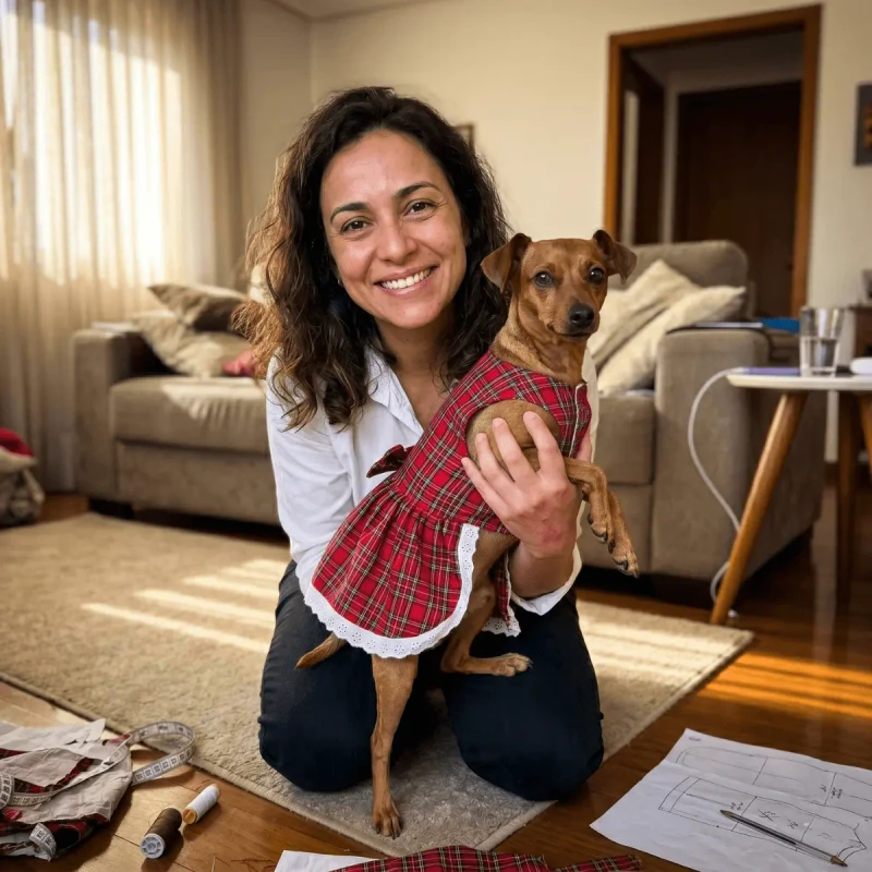 Mulher com cachorro vestido