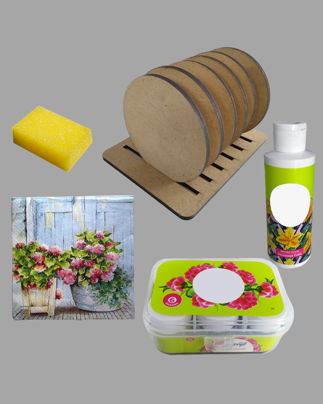 Decoupage Art on Round Tea Coasters With Stand  DIY Kit