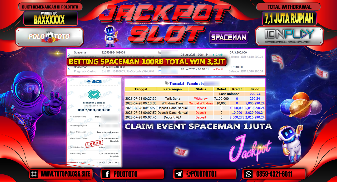 POLOTOTO JACKPOT SLOT SPACEMAN Rp.7.100.000,-LUNAS