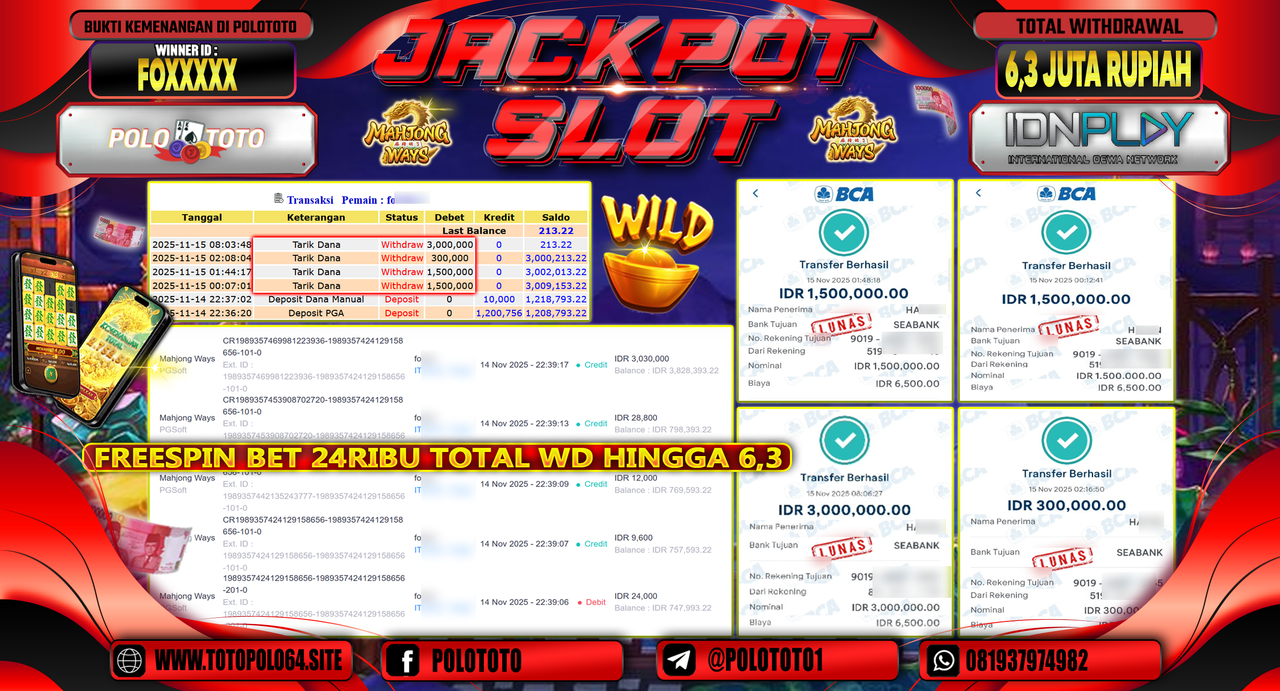 POLOTOTO JACKPOT SLOT MAHJONG WAYS Rp.6.300.000,- LUNAS