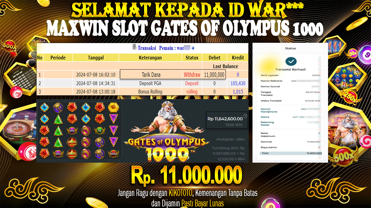 MENANG BESAR DI SLOT ONLINE GATES OF OLYMPUS 1000 SEBESAR Rp 11,000,000 LANGSUNG DAN TANPA BASA BASI DI BAYAR KIKOTOTO !!!