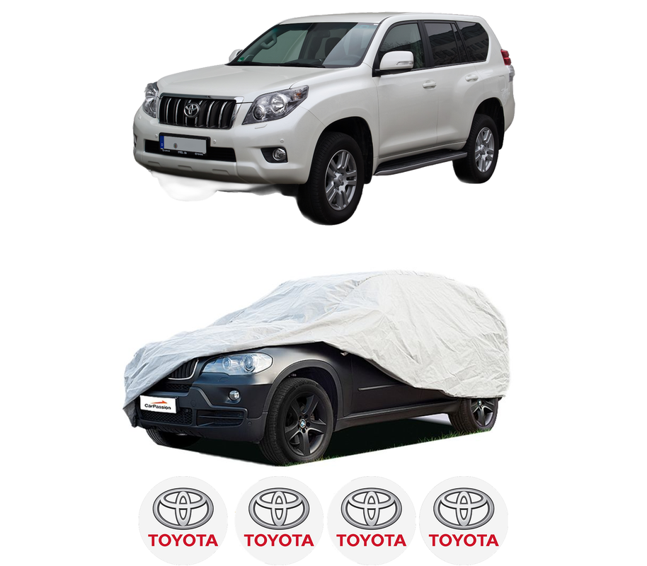Husa tip prelata auto pentru TOYOTA LAND CRUISER VAN (_J15_) din 2011, Culoare Gri, material textil impermeabil, rezistanta la intemperii praf UV, CARPASSION Husa Protectie, 4 Stickere auto cu TOYOTA