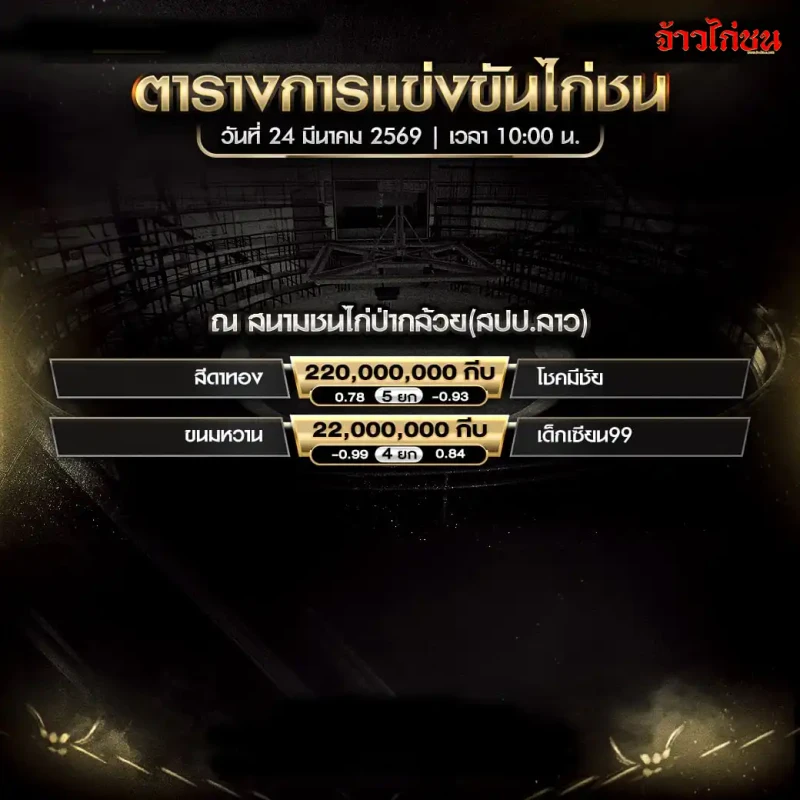 โปรแกรมไก่ชน สนามชนไก่ป่ากล้วย วันอังคารที่ 24 มีนาคม 2569