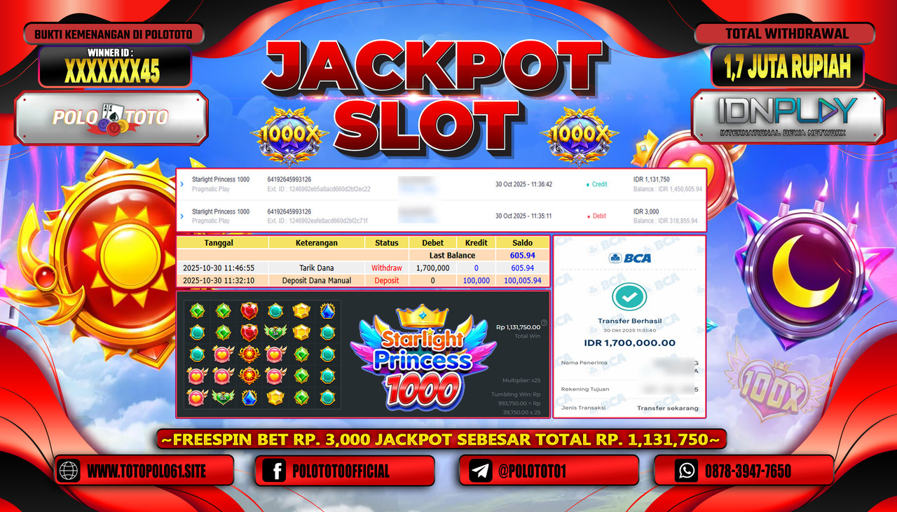 POLOTOTO JACKPOT SLOT STARLIGHT PRINCESS 1000 Rp.1.700.000,- LUNAS