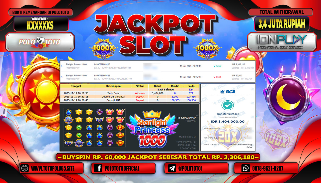POLOTOTO JACKPOT SLOT STARLIGHT PRINCESS 1000 Rp.3.400.000,- LUNAS