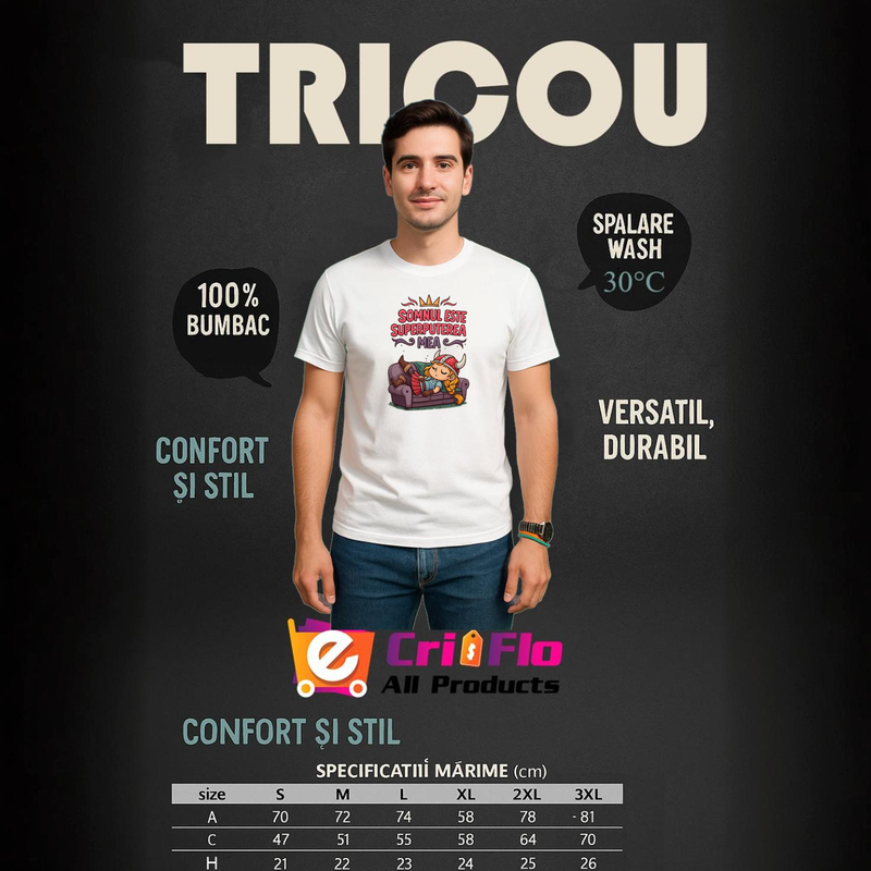 Tricou somnul este superputerea mea, Barbat, 100% bumbac, Cri-Flo, Culoare Alb, Marime 3XL
