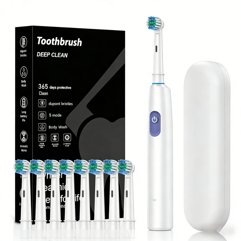 White Rotating Round Head Electric Toothbrush Kit with 8 Heads & Case - 3D Oscillating Mechanical Cleaning for Deep Plaque Removal