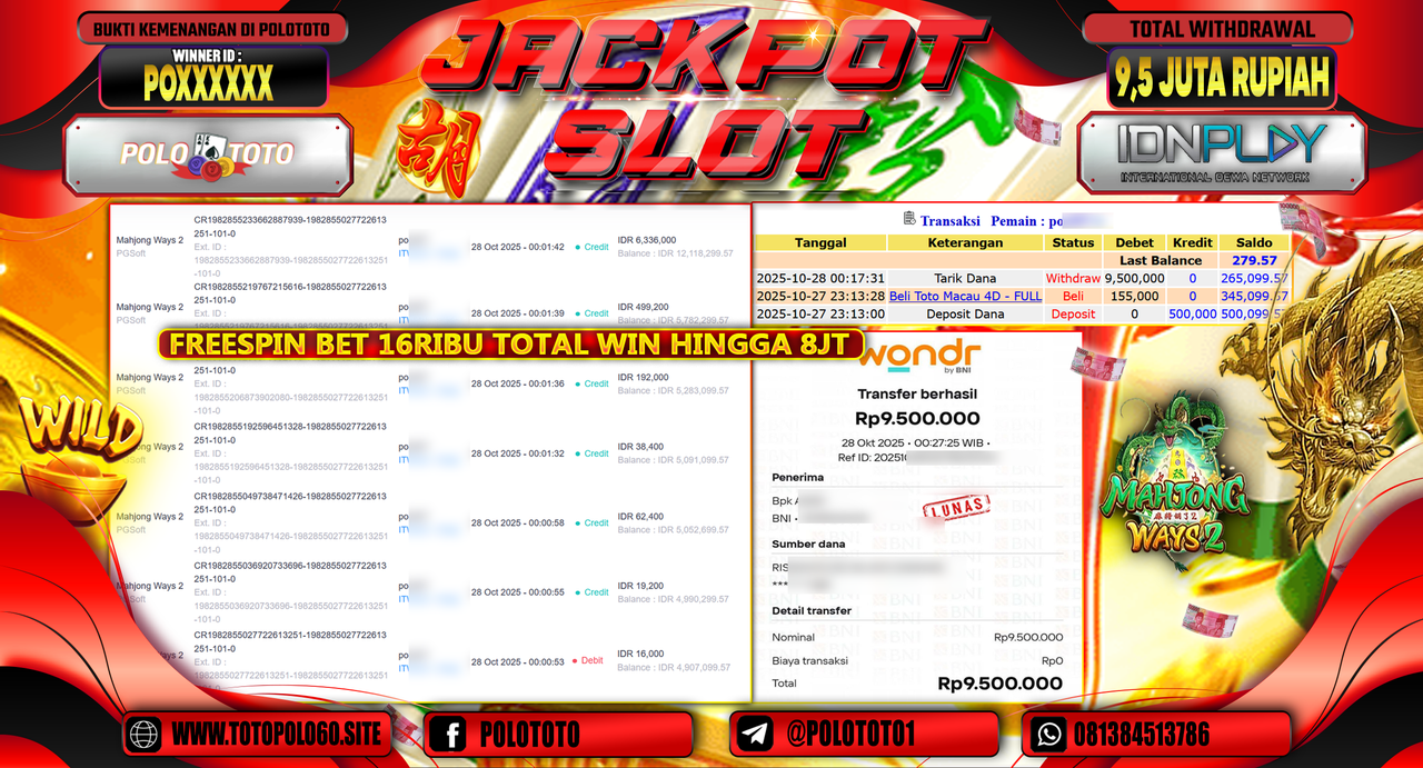 POLOTOTO JACKPOT SLOT MAHJONG WAYS 2 Rp.9.500.000,- LUNAS