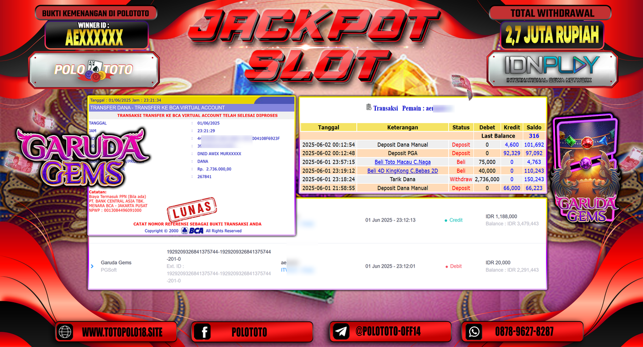 POLOTOTO JACKPOT SLOT GARUDA GEMS Rp.2.736.000,-