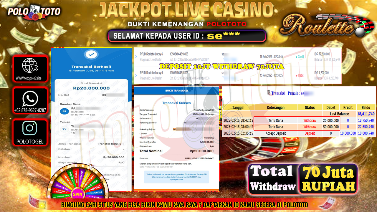 POLOTOTO JACKPOT LIVE CASINO PPLD ROULETTE LUCKY 6 Rp.70.000.000,-