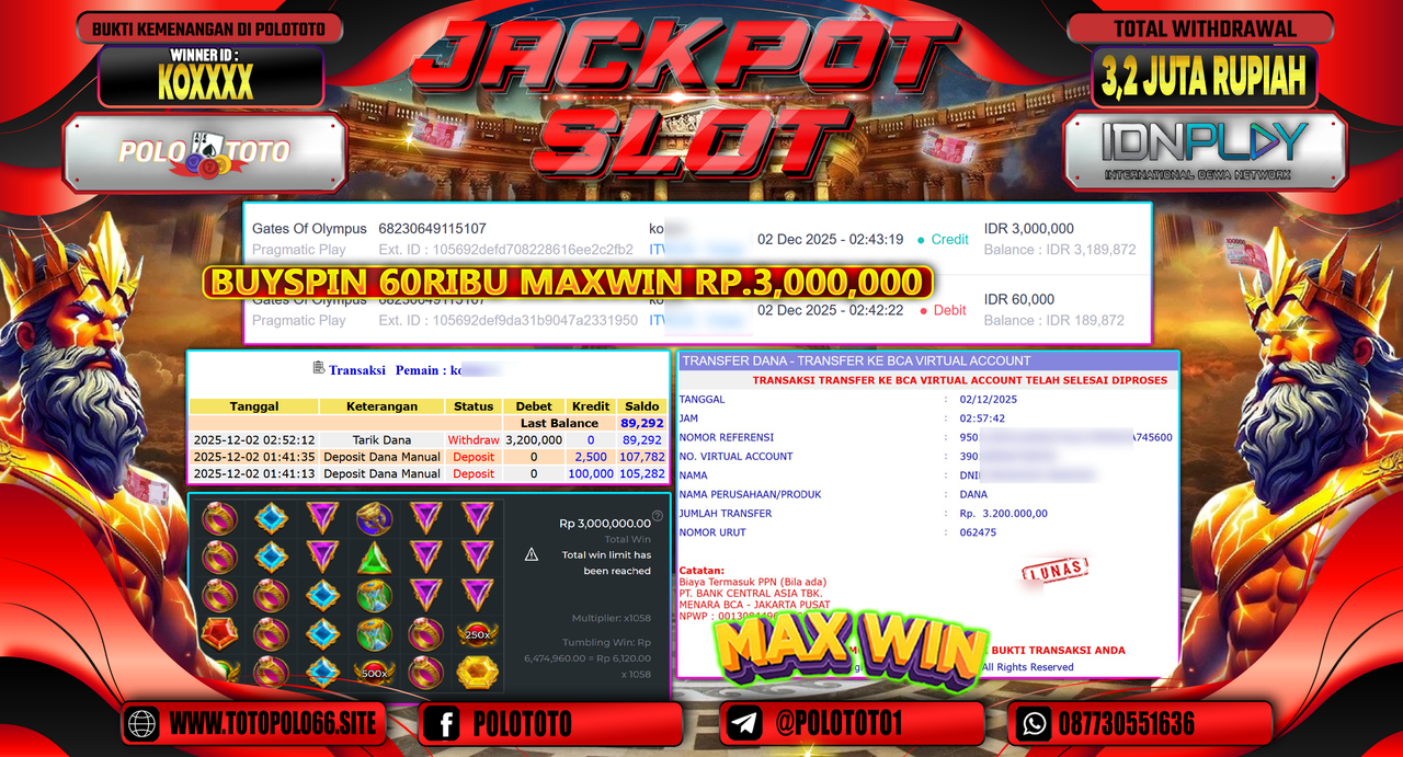 POLOTOTO JACKPOT SLOT GATES OF OLYMPUS Rp.3.200.000,- LUNAS