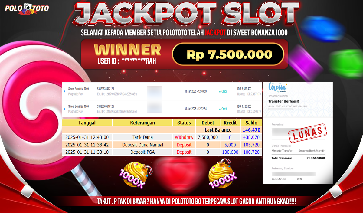 POLOTOTO JACKPOT SLOT SWEET BONANZA 1000 Rp.7,500.000,-