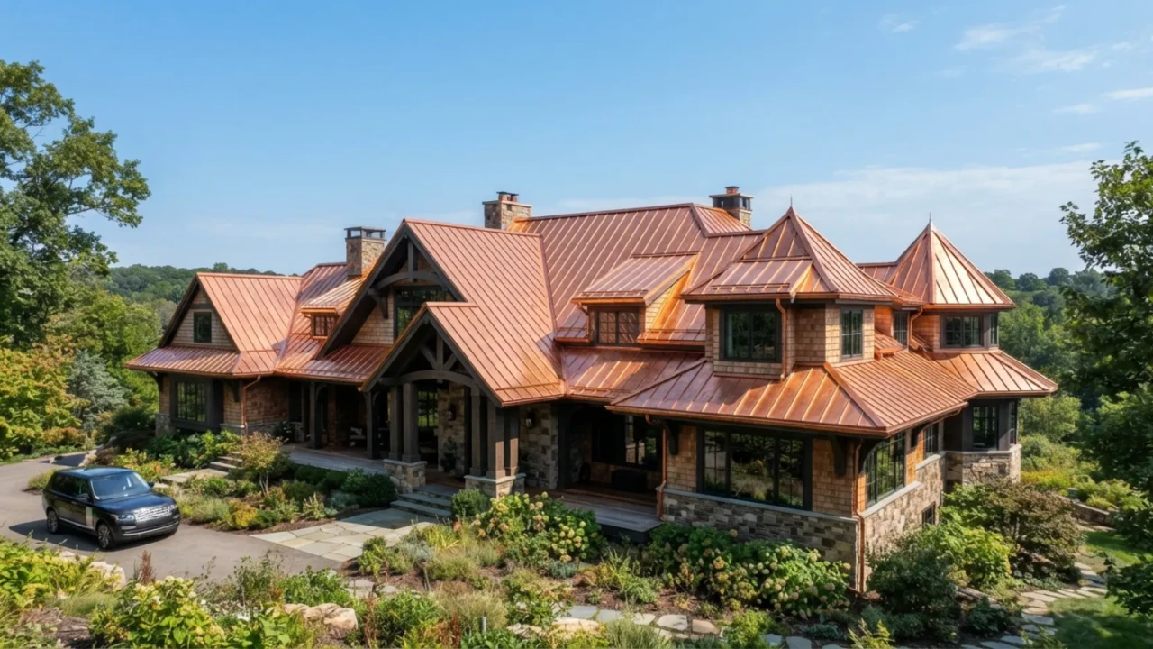 Complex residential roof with multiple slopes dormers and valleys requiring custom copper roofing installation
