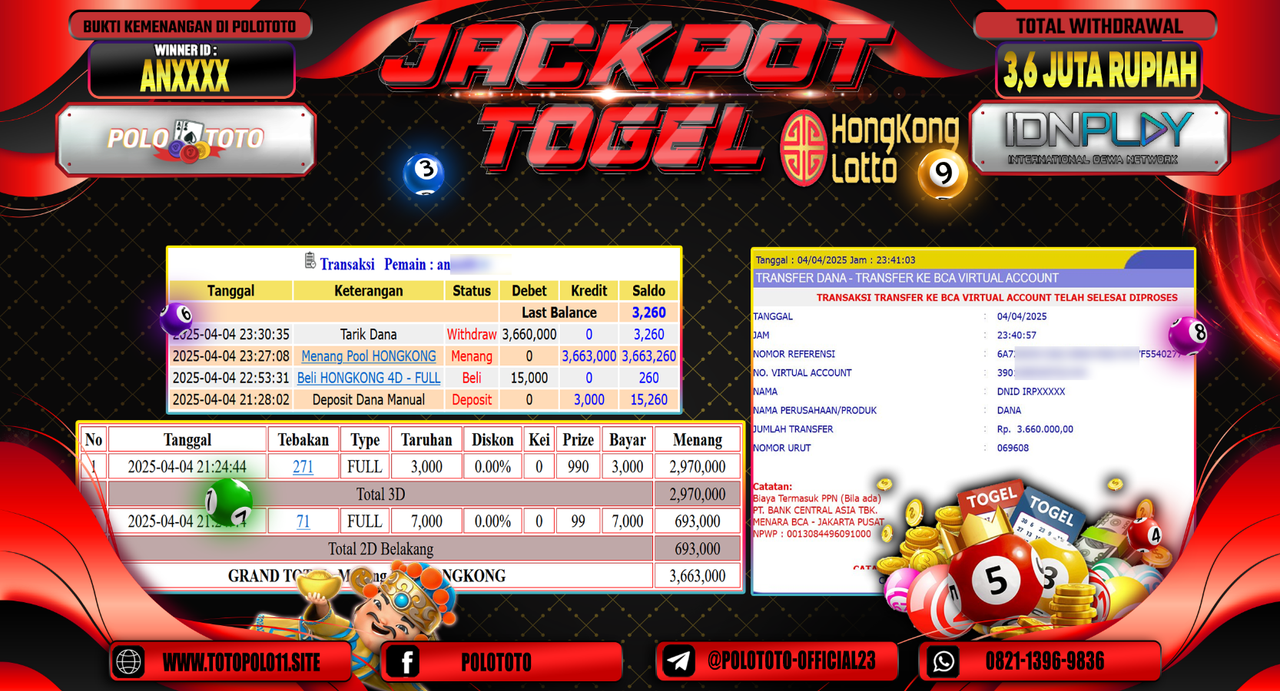POLOTOTO JACKPOT TOGEL PASARAN HONGKONG LOTTO Rp.3.600.000,- LUNAS