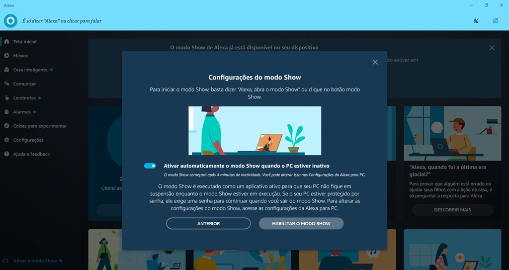 Opção de ativação do Modo Show do aplicativo Alexa. Imagem: reprodução.