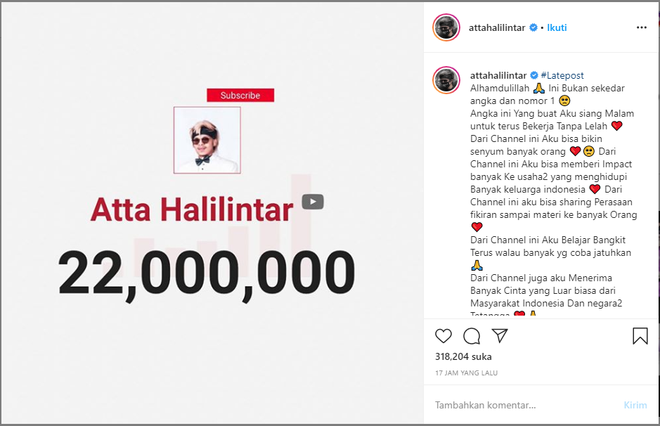 Atta Halilintar raih 22 juta subscribers di YouTube