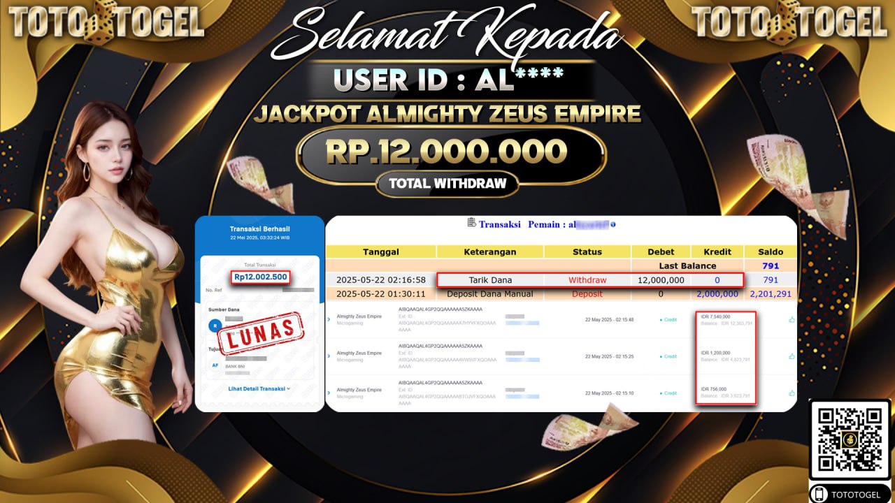 Bukti Pembayaran Jackpot Permainan Slot Almighty Zeus Empire ID:AL***** LUNAS