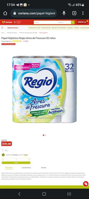 Soriana: 32 Rollos de papel regio aires de frescura por $175.36