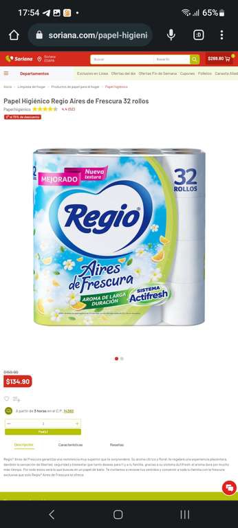 Soriana: 32 Rollos de papel regio aires de frescura por $175.36 
