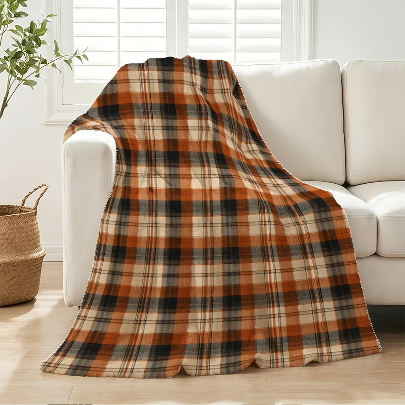 1pc Orange and Black Vintage Large Check Halloween Flannel Blanket Burnt Orange Charcoal Black Cre