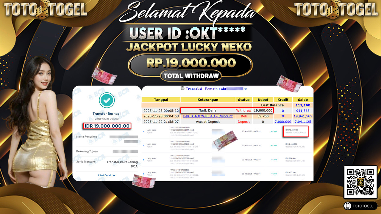 Bukti Pembayaran Jackpot Permainan Slot Lucky Neko ID:OKT***** LUNAS