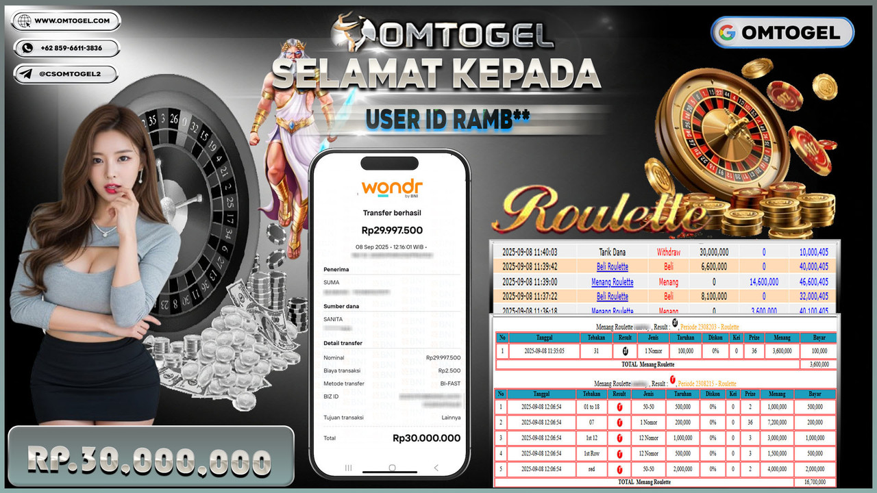OMTOGEL JACKPOT LIVE GAMES ROULETTE 30 JUTA DI BAYAR LUNAS ,-
