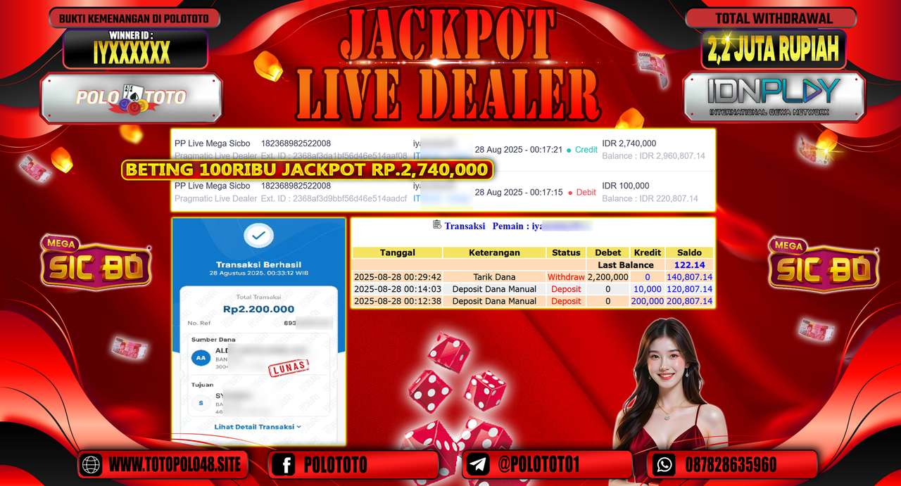 POLOTOTO JACKPOT LIVE DEALER PP LIVE MEGA SICBO Rp.2.200.000,- LUNAS