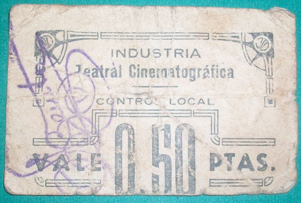 0,50 Pesetas. Industria teatral y cinematográfica. Gijón-Asturias 1937 0-50-Ptas-Tipo-1-Anv