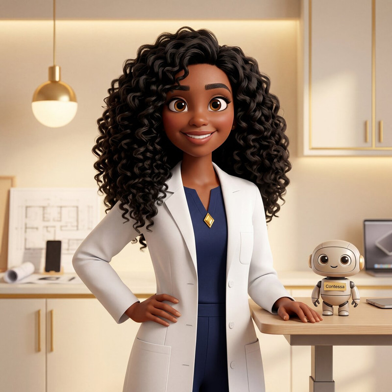 Dr. Rachel Gainsbrugh with Contessa, her AI assistant, in a professional office setting